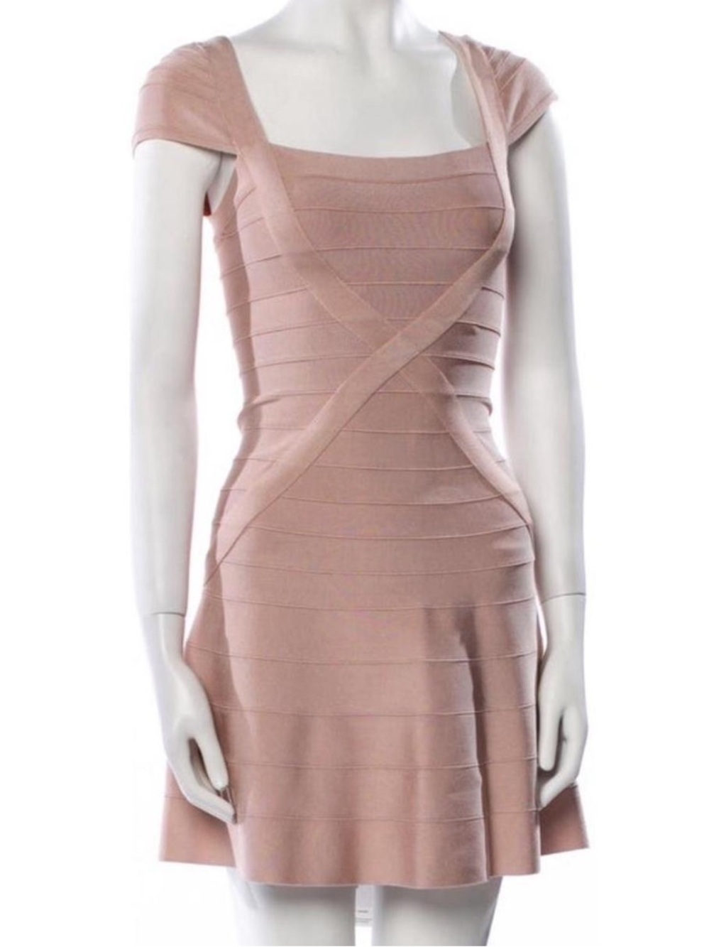 Herve Leger Makayla Blush Pink Bandage Short Sleeve Square Neck Dress